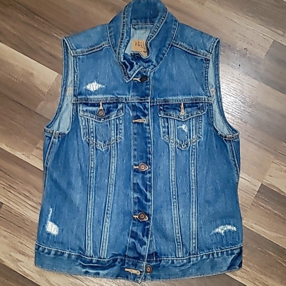 Hollister Womens Trucker Jean Vest Blue Button Distressed Denim Juniors Large